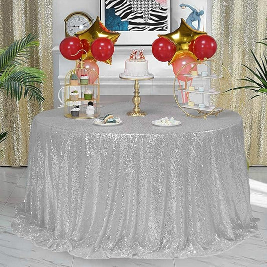 132 Inch Round Silver Sequin Tablecloth, Metallic Large Glitter Sparkle Table Cloth for Dining Banquet Table, Sequin Table Linen for Wedding Bridal Shower Party Decorations