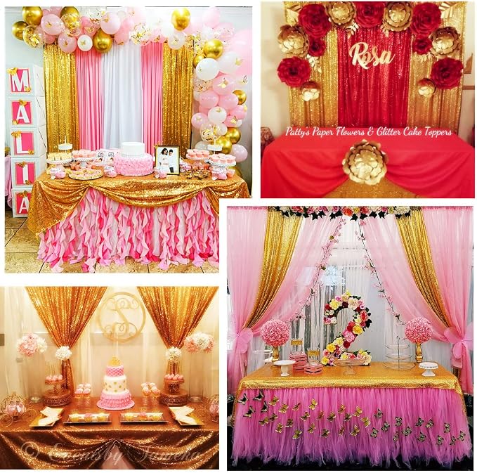 Poise3EHome Gold Sequin Backdrop Curtain, 2 Panels 2Ft x 8Ft Glitter Photography Background for Party Baby Shower Wedding Birthday Christmas Thanksgiving Halloween Decoration