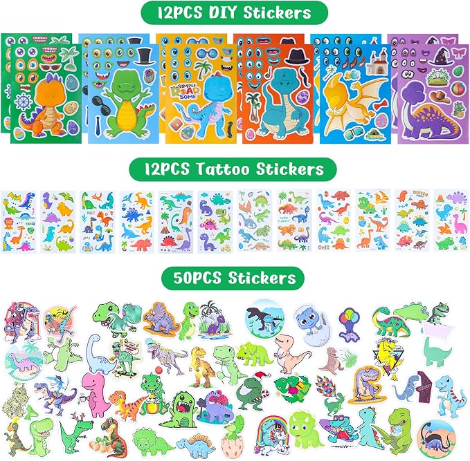 Dinosaur Party Favors for Kids -12 Pack Dinosaur Gift Bags with Masks, Stamps, Stickers, Keychains, Dinosaur Eggs & Rings, Dinosaur Birthday Party Supplies, Goodie Bag Stuffers