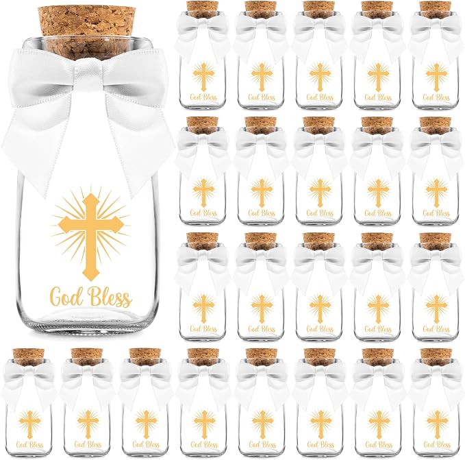 Ethisa Vintage 24 Pack Baptism Glass Bottles with Ribbons and Stickers - Classy God Bless Party Favors for Baptism and 1st Communion - Bautizo Table Centerpiece Decoration - Baby Christening Candy Jar