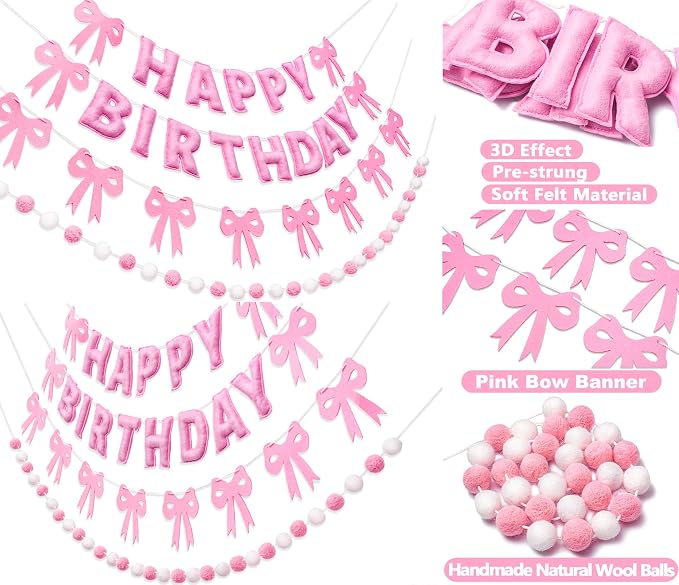 Pre-Strung Pink Bow Birthday Decorations, Reusable Coquette Party Decorations with Wool Felt Happy Birthday Banner, Bow and Felt Ball Garland for Girls Women Baby Shower Pink Bow Theme Decor