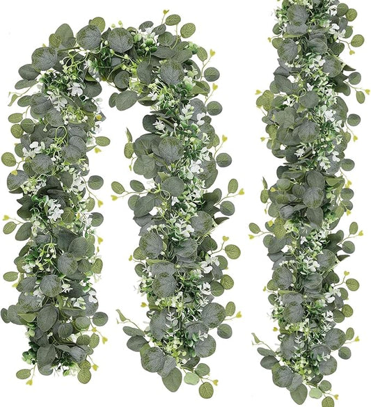 N&T NIETING 2 Pack Artificial Eucalyptus Garland with Flowers, Faux Greenery Garland Decor 6FT Eucalyptus Vines, Fake Hanging Vines Summer Garlands for Mantle Wedding Backdrop Mothers Day Decorations