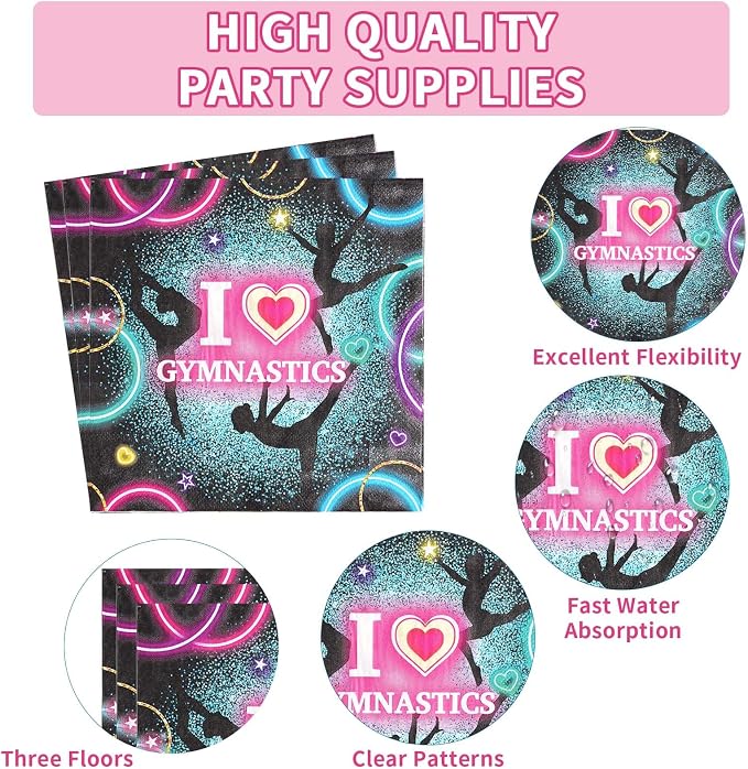 Grencian 96Pcs Gymnastics Birthday Party Supplies Gymnastics Party Plates Disposable Paper Gymnastic Tableware Set for Girls Birthday Baby Shower Decorations, Serves 24