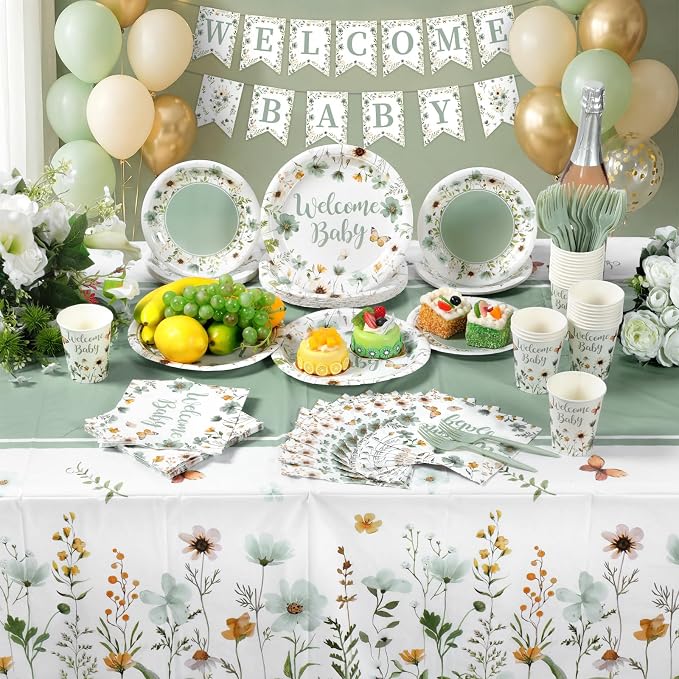LemonRoad 128 Pcs Sage Green Floral Baby Shower Party Decorations for 25 Guests, Wildflower Welcome Baby Shower Paper Plates Napkins Cups Tablecloth Forks Banner for Spring Gender Reveal Party Supply