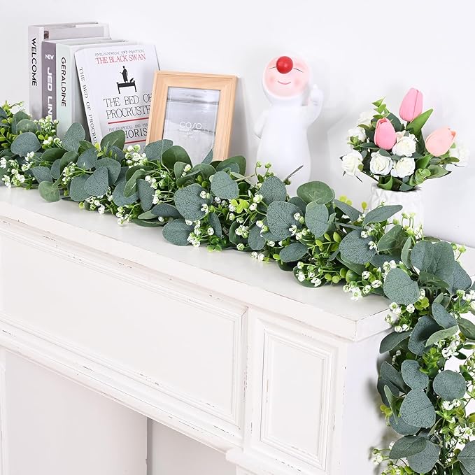 Waipfaru 4Pcs Eucalyptus Garland, 5.9FT Greenery Garland, Green Garland with Flowers, Artificial Faux Silver Dollar Eucalyptus Leaves Vines for Table Home Wedding Mantle Party Indoor Outdoor Decor