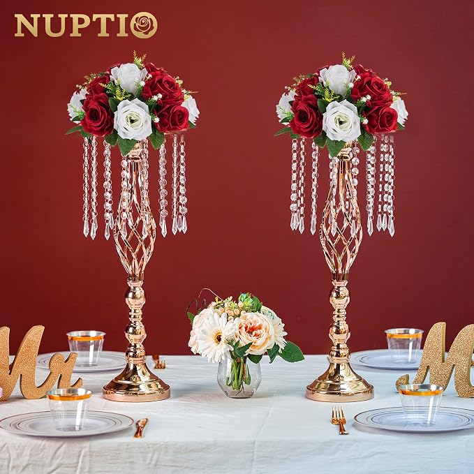 NUPTIO Artificial Flower Centrepieces for Wedding Tables, 2 Pcs Fake Roses | Crimson & White, Silk Floral Balls Arrangement, for Birthday Party, Anniversary, Thanksgivng, Christmas Decorations