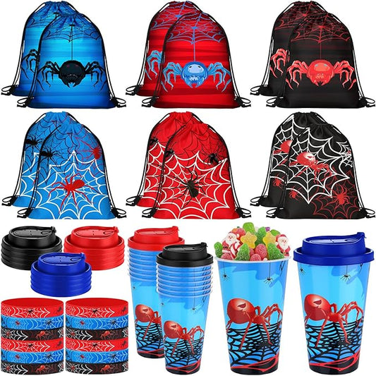 Potchen 48 Pcs Spider Party Favors Spider Birthday Party Supplies Hero Decorations for Guests Including Drawstring Gift Bags Cups and Wristbands for Christmas Birthday Gift Favors (Spiderweb)