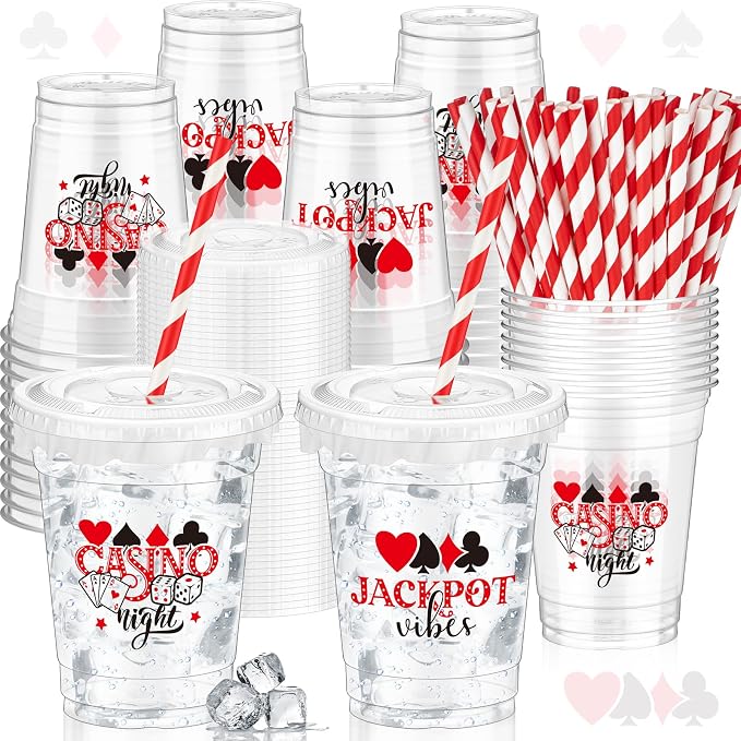 FoldTier 50 Pcs Casino Night Cups, 12 oz Disposable Plastic Cups with Straws and Lids for Home Casino Night Themed Holiday Party Supplies Favors