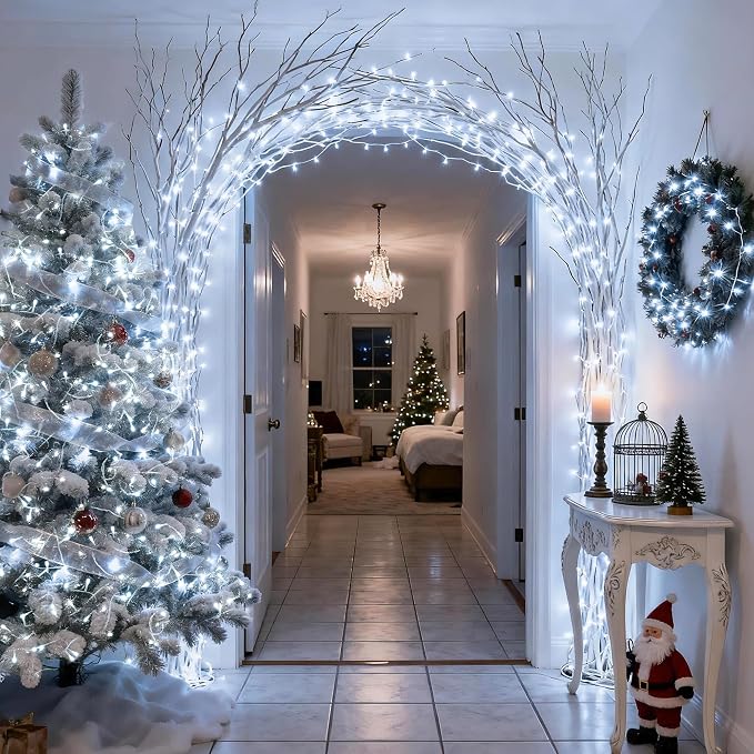 JMEXSUSS 2 Pack White Battery Operated String Lights, Each 33ft 100 LED Wedding Lights Outdoor Indoor, 8 Modes Christmas Lights with Remote Waterproof for Wedding Front Porch Yard House Room Decor