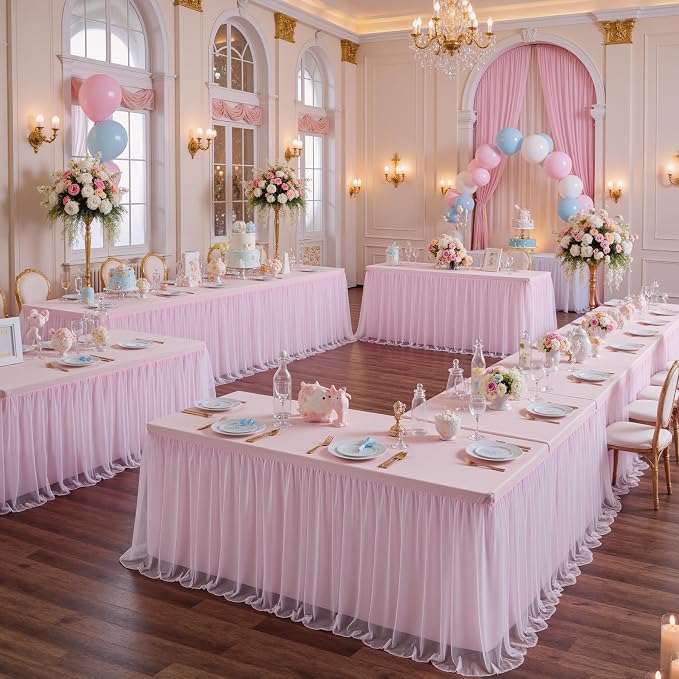 leegleri 2 pk 8ft Light Pink Tulle Tablecloth for Rectangle Tables, 2-in-1 Table Covers with Tulle Skirt,Wrinkle Free Stretchy Ruffle Tulle Table Cloths Fitted for Wedding Party Banquet Vendor