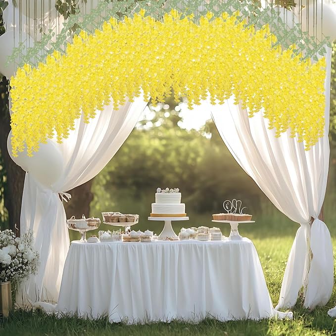 mizii 6Pcs Yellow Wisteria Hanging Flowers 48" Silk Wisteria Artificial Flowers Garland Vines Fake Hanging Flowers Decoration for Wedding Flower Wall Backdrop Centerpieces Party Room Decor (Yellow)