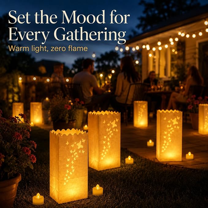 AceList 50 Butterfly Luminary Bags with 50 Flameless LED Tea Lights | Butterfly cutout, warm flickering amber light, reusable & flame-free, for weddings, garden parties, walkways & outdoor decor