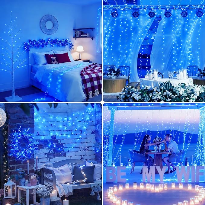 Connectable 2Pack String Lights Indoor, 66FT 200LED String Lights, 13Modes Twinkle Fairy Lights Plug in Outdoor Waterproof, Blue Clear Wire Light for Christmas Tree, Wedding Yard, Party Decor