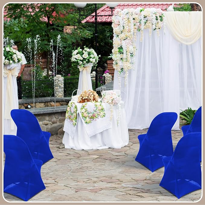 Newwiee 100 Pcs Spandex Chair Covers Bulk - Stretch Folding Flat Front Fitted Universal Chair Protector Pack Removable Washable for Wedding Party Dining Banquet Event (Blue)