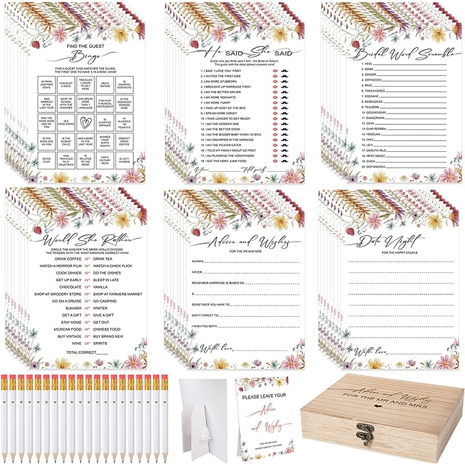 Silipull Bridal Shower Games Set for 50 Guests Includes Bingo, He Said She Said, Scramble, Would She Rather, Advice and Wishes Wedding Games Double Sided with Wooden Box, 20 Pencils(Wildflowers)