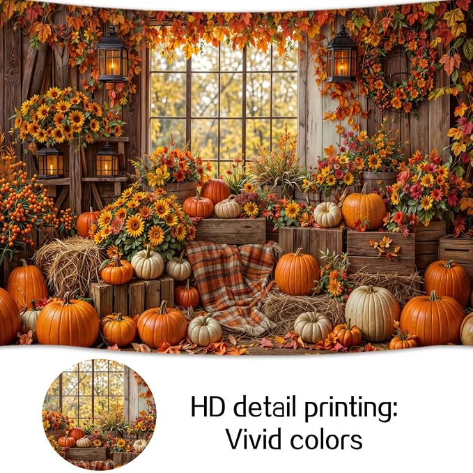 15 x 10 ft Fall Backdrop Autumn Rustic Wooden Floor Barn Window Pumpkin Maple Leaves Sunflower Background Thanksgiving Farm Harvest Photoshoot Portrait Photo Backdrops Decorations