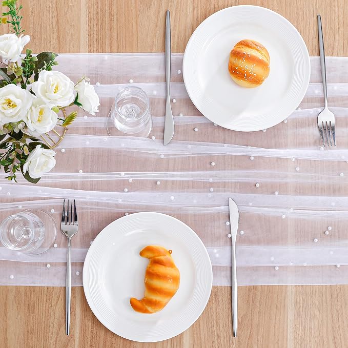 BINBE Pearl Table Runner Spring Summer Rustic Boho 10ft Tulle Table Runner for Baby Shower Wedding Veil Holiday Dessert Table Decor Lvory