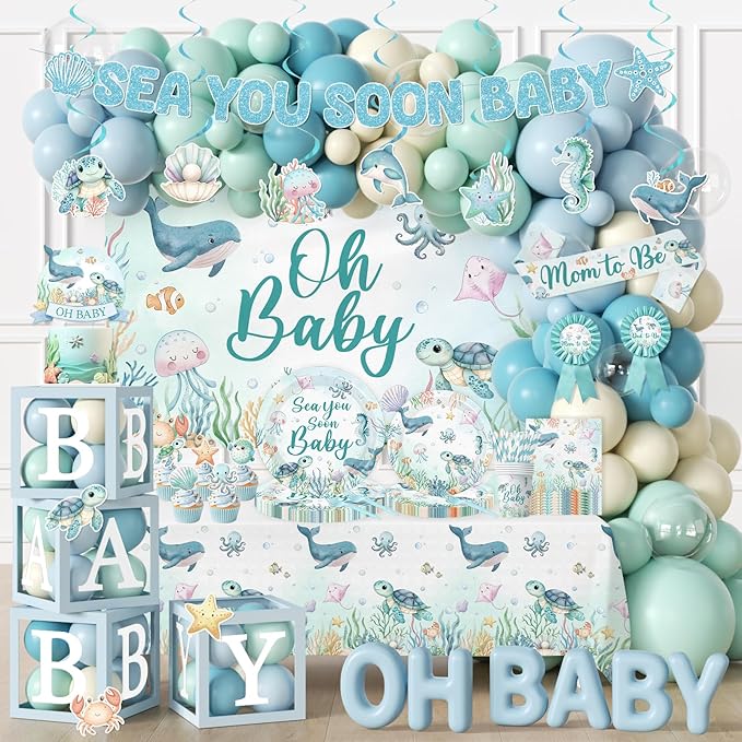 Sea You Soon Baby Shower Decorations, Under The Sea Party Decorations with Oh Baby Backdrop Banner Plates Napkins Ocean Tablecloth Balloon Arch Box for 1st Boy Birthday Party