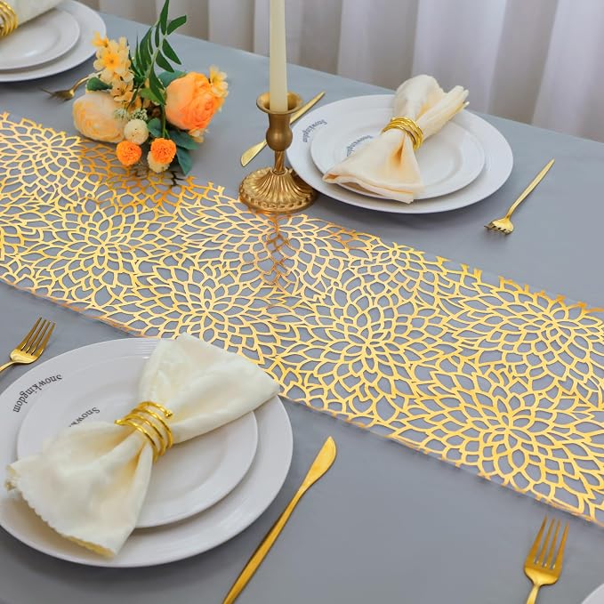 Snowkingdom 2 PCS Gold Table Runner 108 Inches Long, Gold Bloom Sequin Glitter Flower Floral Table Decor for Holiday Dining Kitchen Party Home Decorations