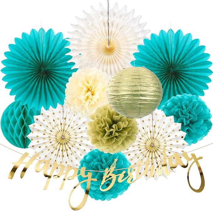 SUNBEAUTY Teal and Gold Party Decorations Teal Birthday Decorations for Women Teal Blue Hanging Paper Fans Tissue Pom Poms Happy Birthday Banner for Baby Showers Wedding Engagement Party