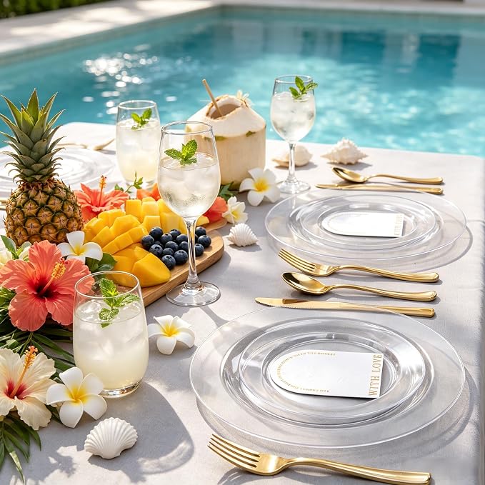 FLOWERCAT 60PCS Clear Plastic Plates - Disposable Clear Plates Heavy Duty for Summer Party/Wedding/Birthday- Include 30PCS 10.25inch Dinner Plates and 30PCS 7.5inch Dessert/Salad Plates