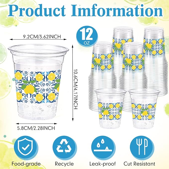 Jingmore 100 Pcs Capri Lemon Plastic Cups 12oz Blue Tiles Yellow Lemon Disposable Clear Plastic Drinking Cups for Birthday Wedding Bridal Baby Shower Summer Citrus Fruit Party Decorations Supplies