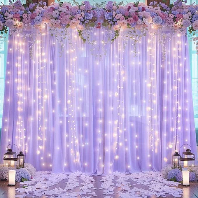 20ft x 10ft Lavender Chiffon Backdrop Curtain with Lights String for Parties,4 Panels Sheer Tulle Curtain Wedding Backdrop for Baby Shower Birthday Party Ceremony Reception Home Decorations