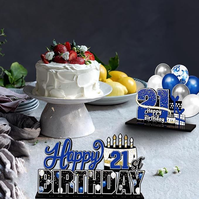 LINGTEER Happy 21st Birthday Blue Acrylic Table Topper Centerpieces Set - Cheers to 21 Years Old Birthday 21st Bday Party Gift Decorations.