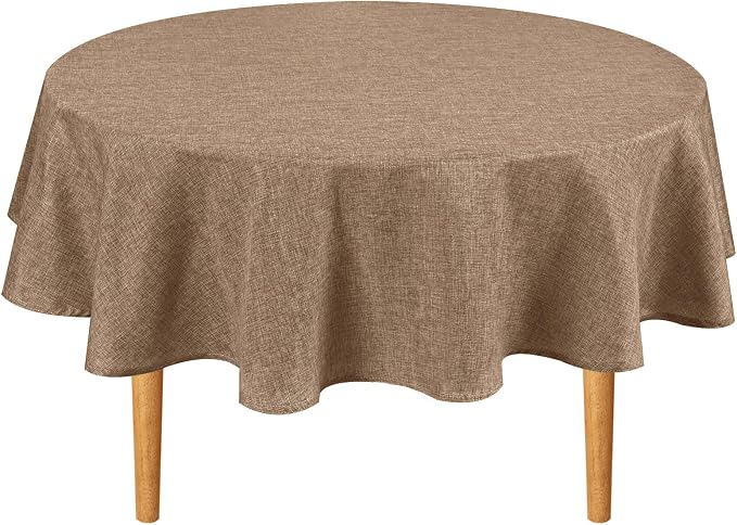 Hiasan 84 Inch Round Faux Linen Tablecloth - Wrinkle and Stain Resistant Decorative Farmhouse Polyester Fabric Table Cloth for Dining Kitchen Party Outdoor, Khaki
