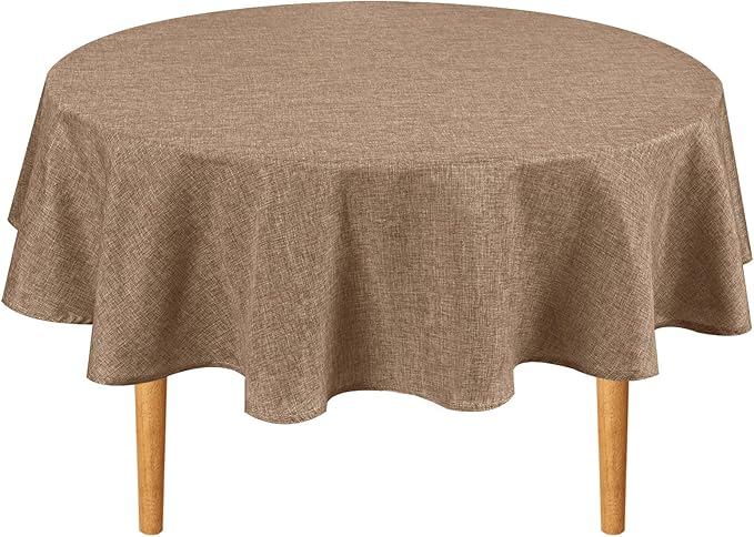 Hiasan 54 Inch Round Faux Linen Tablecloth - Wrinkle and Stain Resistant Decorative Farmhouse Polyester Fabric Table Cloth for Dining Kitchen Party Outdoor, Khaki