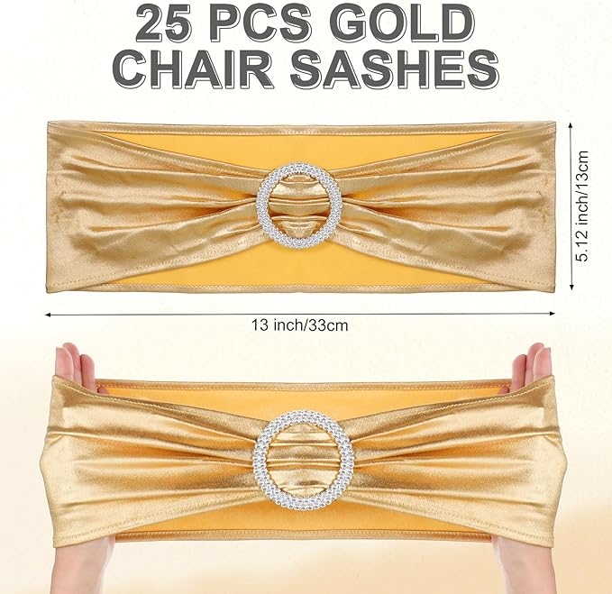 Preboun 50 Pack Folding Chair Cover Set with 25 Spandex Chair Slipcovers 25 Sequin Chair Sashes Bow Washable Chair Protector Chair Cover for Party Wedding Banquet Event (Black and Gold)
