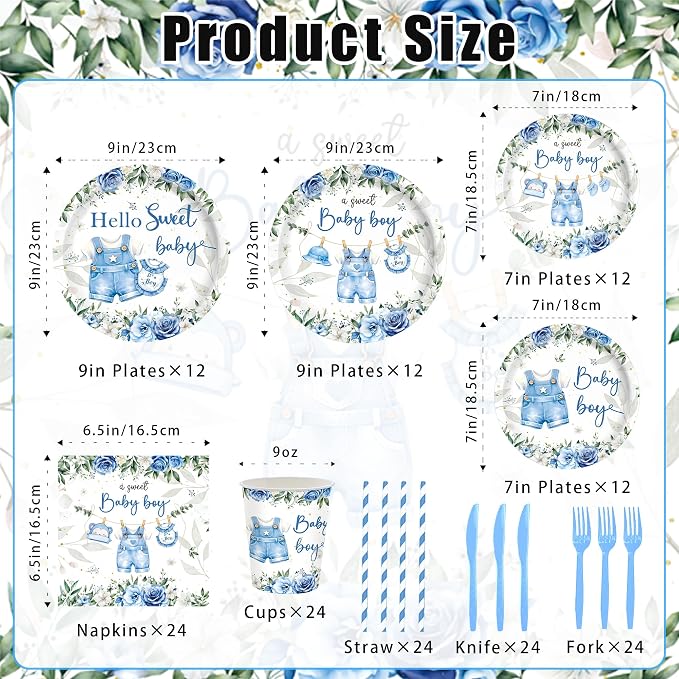 168PCS Blue Baby Boy Shower Decorations,Baby Shower Theme Party Tableware Set Plates Napkins Cups,for Boy Baby Shower Decorations Serves 24 Guests