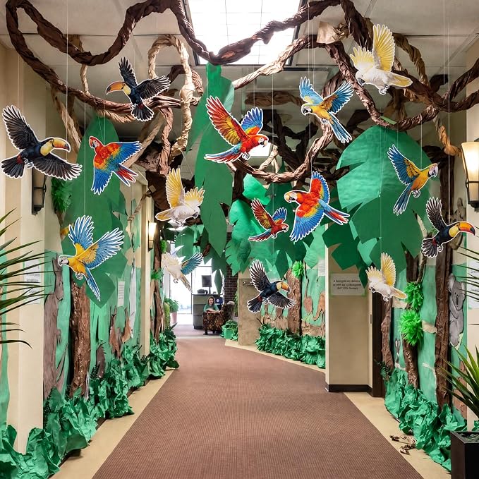 18 Pcs Large Tropical Bird Party Decorations 3D Realistic Paper Hanging Bird Decoration Paper Parrot Toucan Birthday Party Supplies for Wedding Jungle Baby Shower Room Ceiling Decor