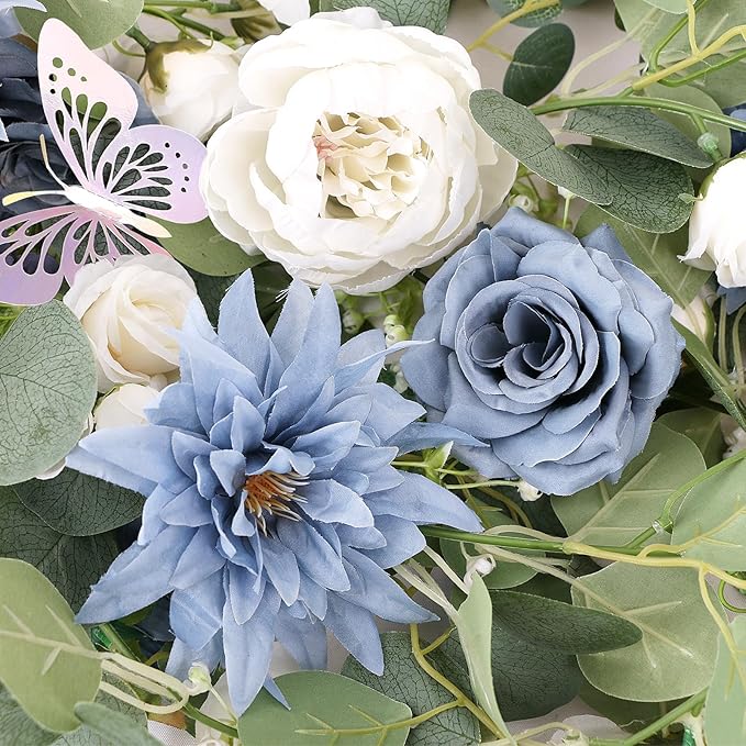 Eucalyptus Garland with Flowers - 2 Pack 5.9 FT Artificial Flower Garland with Butterflies Faux Rose Greenery Garlands for Backdrop Wedding Arch Centerpieces Decorations - Dusty Blue & White