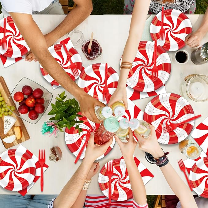 50 Guests Christmas Candy Cane Plates and Napkins Party Supplies Peppermint Party Decorations Disposable Tableware Set Red and White Striped Dinnerware Favor for Holiday Xmas Theme Party, 200PCS