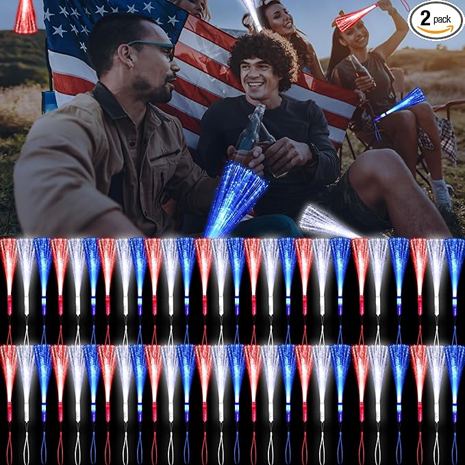 60 Pack Red Blue White Fiber Optic Wands Glow Fiber Wands Bulk LED Light Up Wands with 3 Flashing Modes LED Flashing Sticks for July 4th Halloween Christmas Hawaii Carnival Wedding Birthday