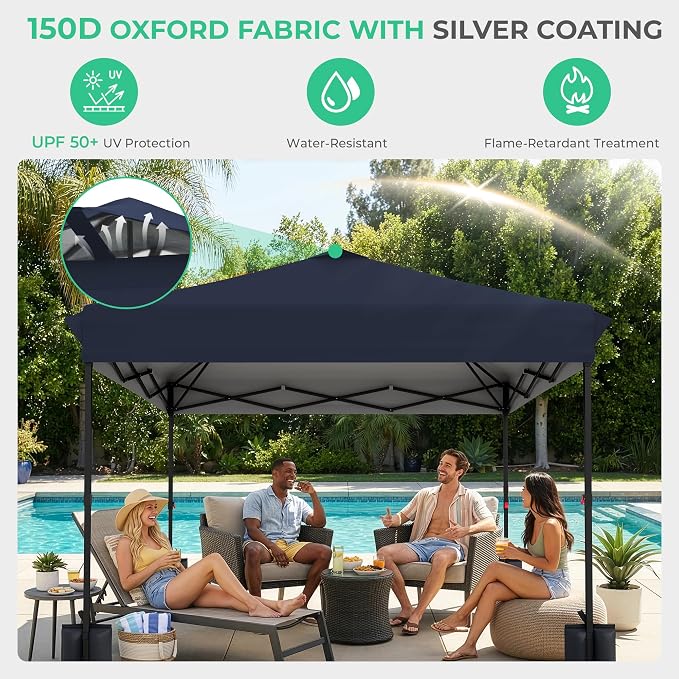 JEAREY 10x10 ft Pop Up Canopy Tent, Heavy Duty Outdoor Canopy with 1-Push Instant Setup, Commercial Tent with Roller Bag, 4 Sandbags and 8 Stakes, Water-Resistant – Navy-Blue