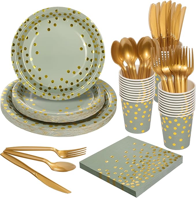 Goodlluck 175PCS Sage Green Gold Foil Polka Dot Disposable Party Tableware Set, 25 Guests | 9" & 7" Golden Dot Disposable Paper Plates, 9oz Cups, Napkins & Gold Cutlery for Baby Shower Birthday