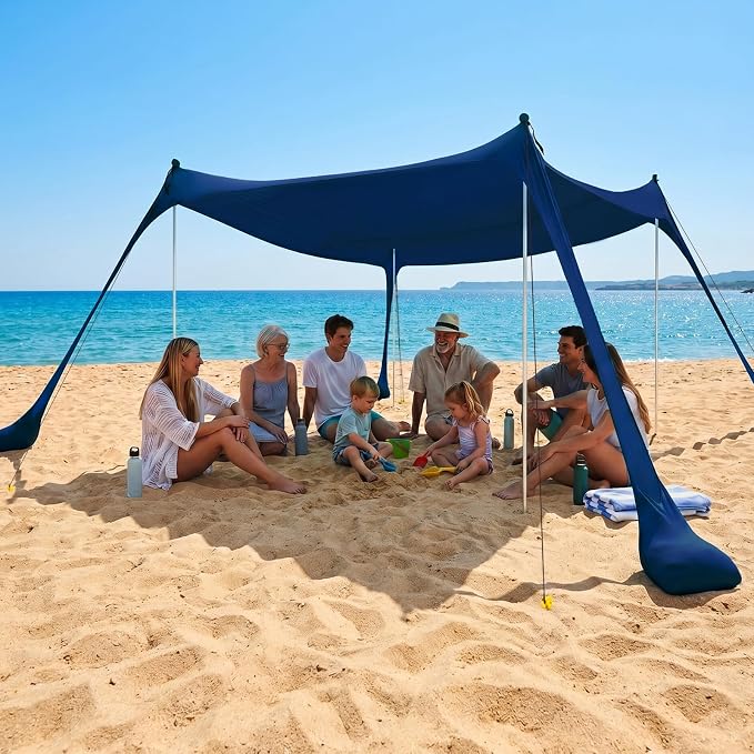 COMMOUDS Beach Tent Sun Shelter - UPF50+ Pop Up Beach Canopy with Sandbags & Sand Shovel & Windproof Poles, Portable Sun Shade for Beach, Camping, Picnics, Backyard