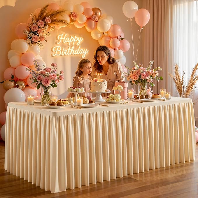 Dark Champagne Polyester Table Cloths for Rectangle 8 Foot Tables, 6 Pack Wrinkle Free Tablecloths Stretchy Banquet Ruffle Fitted Table Cover Desk Skirt for Parties Wedding Birthday Baby Shower