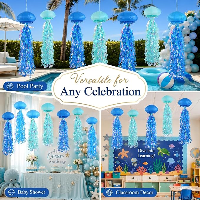 10" Blue Jellyfish Paper Lanterns, Under The Sea Party Decorations, Mermaid Birthday Decorations for Girls, Hanging Ocean Themed Pool & Beach Party Decor, DIY Jellyfish Lamp Room Decor, 6 PCS