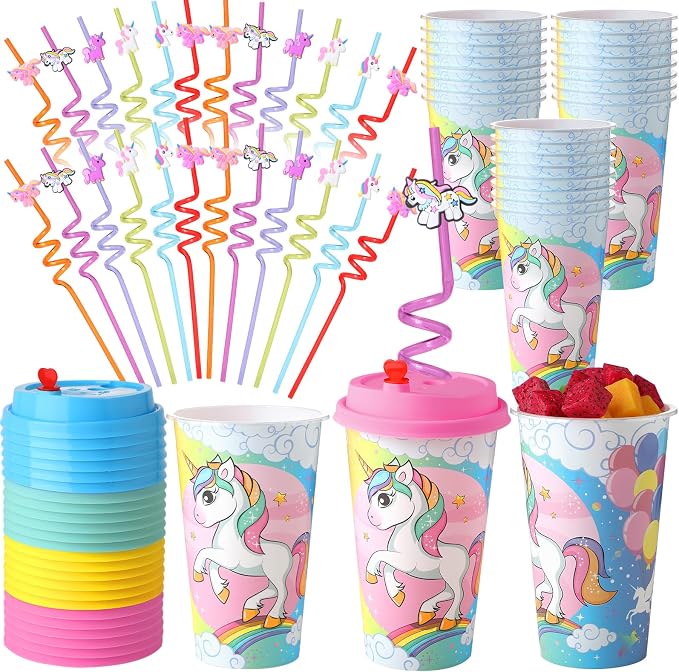 Maxcheck 24 Sets 16 oz Unicorn Party Favors Goodie Cups with Colorful Lids and Straws for Birthday Decorations Reusable Plastic Candy Cups Bulk Plastic Straws for Birthday Party Celebration Gifts