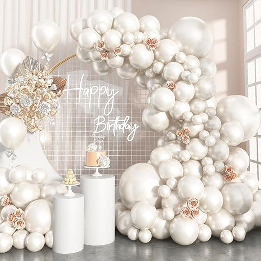 Pearl White Balloons Arch Double-Stuffed White Balloons Garland Ivory Balloon Different Sizes 18/12/10/5inch 61pcs Cream Beige Latex Balloons for Wedding Bridal Birthday Anniversary Decorations