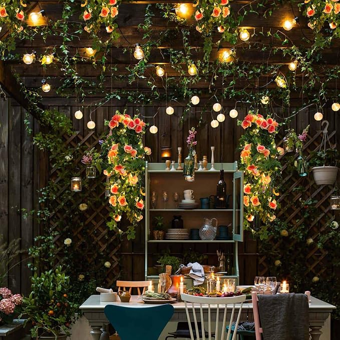 RECUTMS Artificia Hanging Rose Flower Plants, 2 PCS 37 Inches Light Pink Fake Floral Ivy Garland with 30 LED Fairy String Lights for Home Garden Wedding Bridal Shower Derby Party Indoor Outdoor Decor