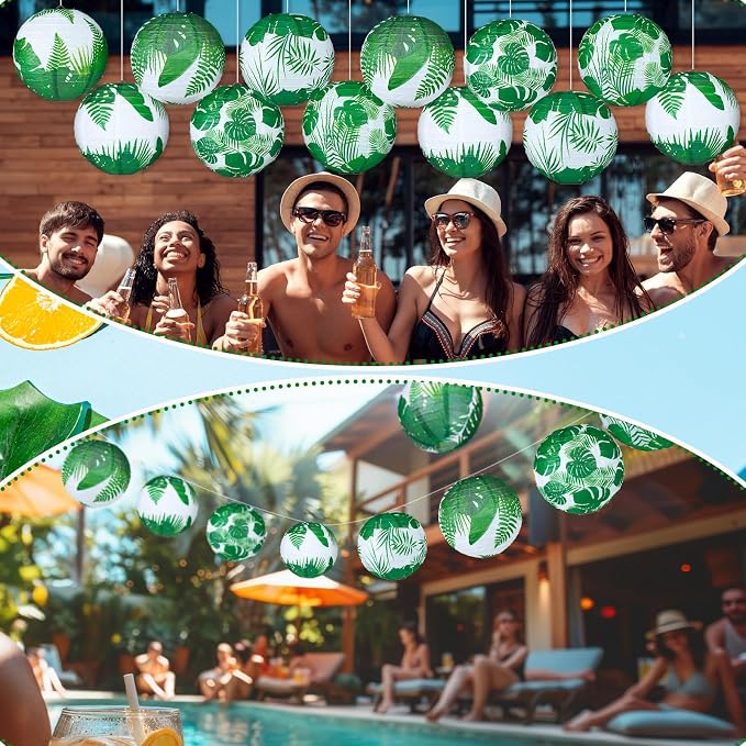 Panelee 12 Pcs Tropical Party Decorations Palm Leaves Paper Lanterns 8 Inch Hawaii Luau Summer Hanging Round Lanterns Decorations for Tropical Party Indoor Outdoor Decor