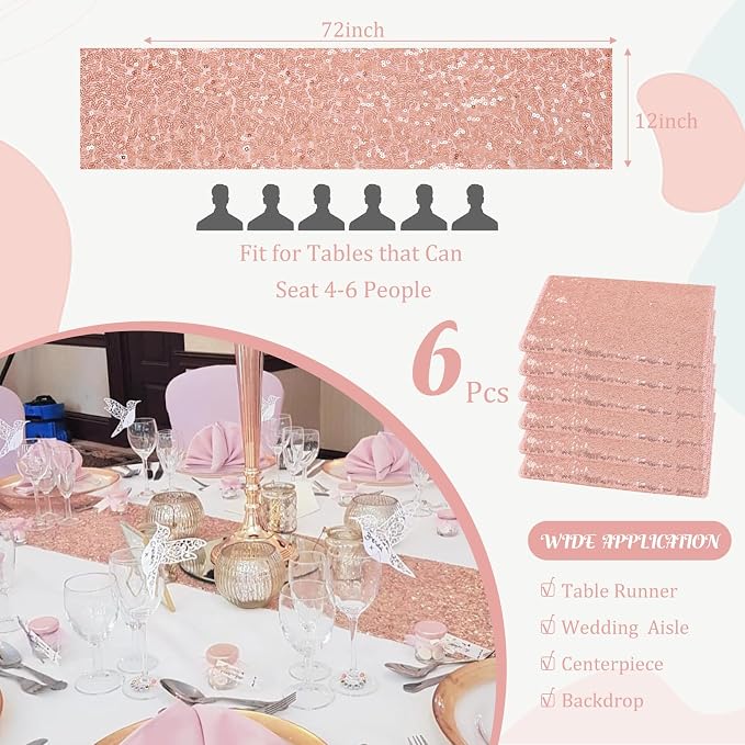 6 Pack Rose Gold Valentine's Day Sequin Table Runner Sequin Table Cloths 12" x 72" Sparkle Table Runner for Baby Bridal Shower Wedding Birthday Party Table Decor (Rose Gold)