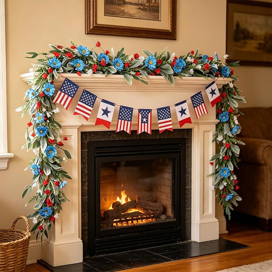 6.5 Ft 4th of July Patriotic Garland Red White Blue Flowers Garland for Memorial Day Independence Day and Veterans Day 250th Anniversary Artificial Flora Decor for Fireplace Door Home Mantle Table