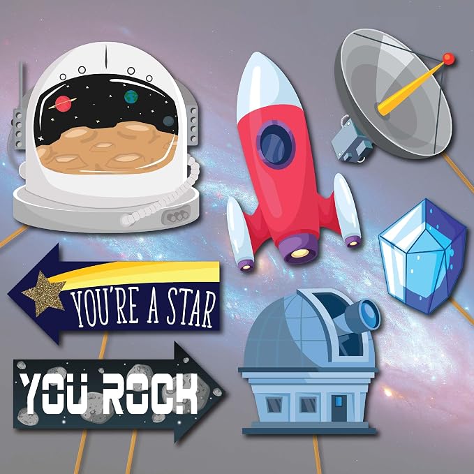 Space Photo Booth Props - 41-pc Photobooth Kit with 8 x 10-Inch Sign, 60 Adhesive Pads, 45 Sticks - Space Party Decor - Space Props - Out of This World Party Decorations
