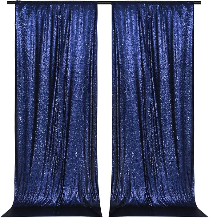 PartyDelight Navy Blue Sequin Backdrop Curtains 5x10ft 2 Panels | 3mm stitched sequin curtain with 4 inch rod pocket for 5x10ft wide reception wall head table stage backdrop and event display