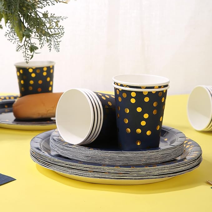 168Pcs Navy Blue Plates and Napkins Party Supplies, Blue Paper Plates Serve 24, blue and Gold Party Decorations, for Birthday, Fathers Day, Graduation, 4th of July